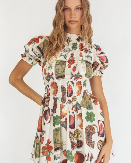 Beige Shirred Puff Sleeve Mini Dress Exotic Print