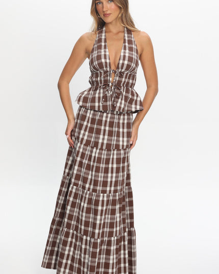 Chocolate Elasticated Maxi Skirt Plaid