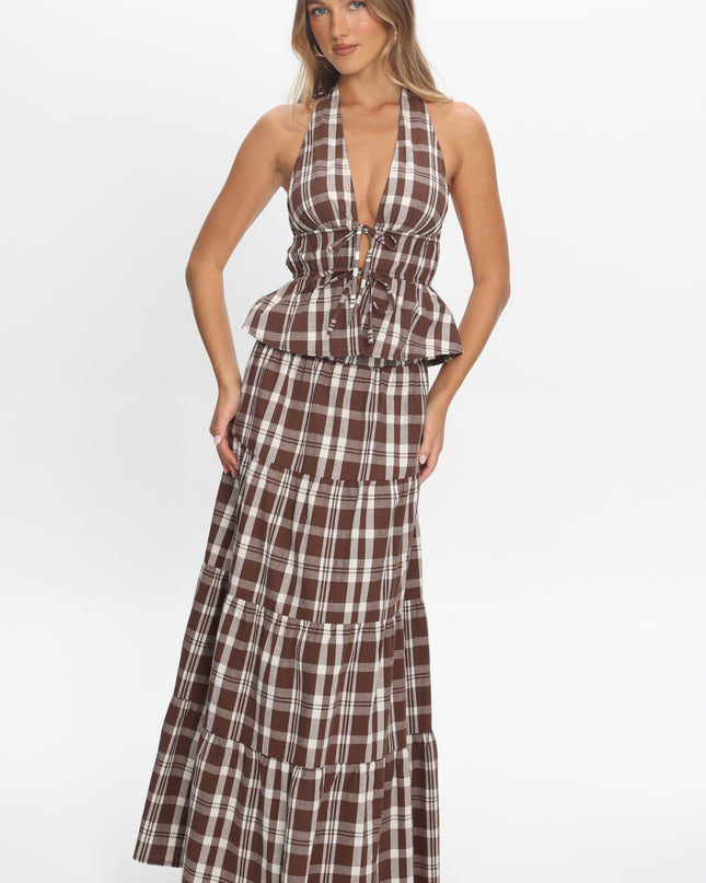 Chocolate Elasticated Maxi Skirt Plaid