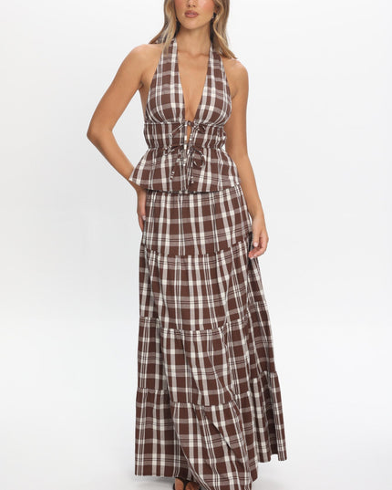 Chocolate Elasticated Maxi Skirt Plaid