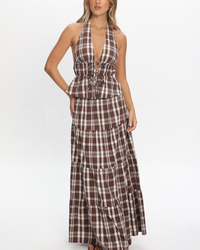 Chocolate Elasticated Maxi Skirt Plaid