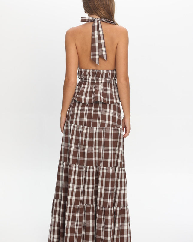 Chocolate Elasticated Maxi Skirt Plaid