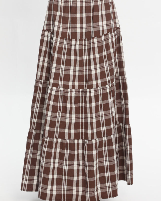 Chocolate Elasticated Maxi Skirt Plaid