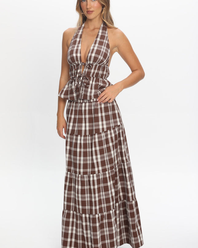 Chocolate Elasticated Maxi Skirt Plaid