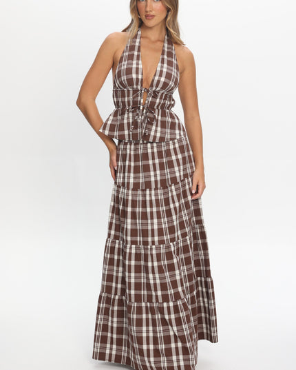 Chocolate Tie Front Halter Top Plaid