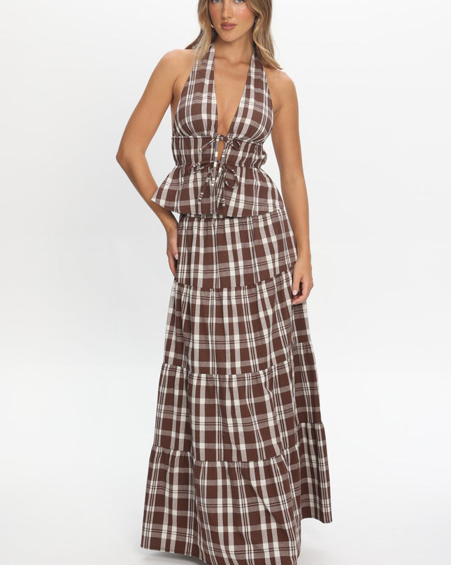 Chocolate Tie Front Halter Top Plaid