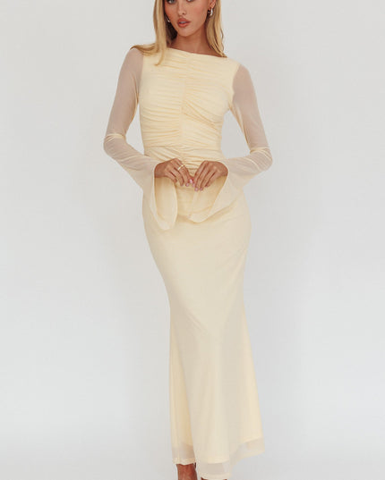 Cream Long Sleeve Mesh Maxi Dress