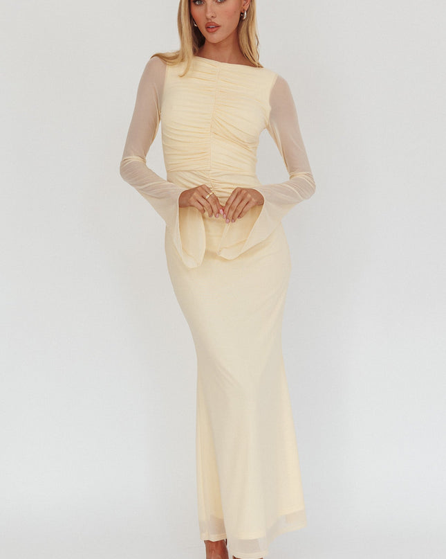 Cream Long Sleeve Mesh Maxi Dress