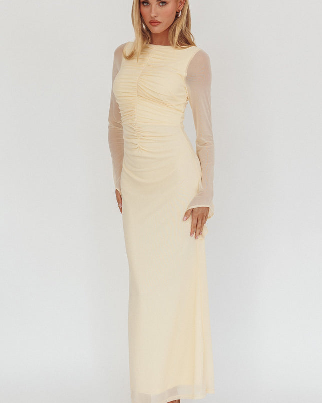 Cream Long Sleeve Mesh Maxi Dress