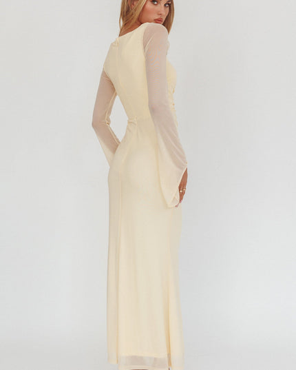 Cream Long Sleeve Mesh Maxi Dress