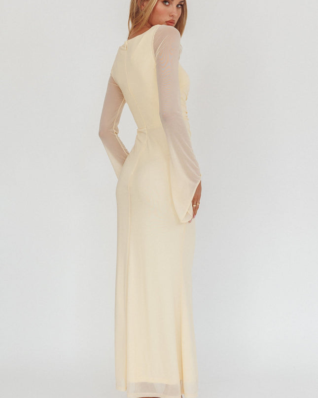 Cream Long Sleeve Mesh Maxi Dress