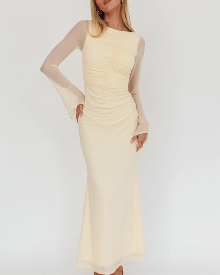 Cream Long Sleeve Mesh Maxi Dress