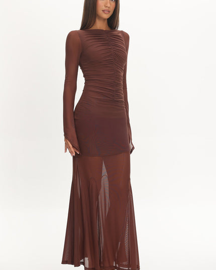 Chocolate Long Sleeve Mesh Maxi Dress