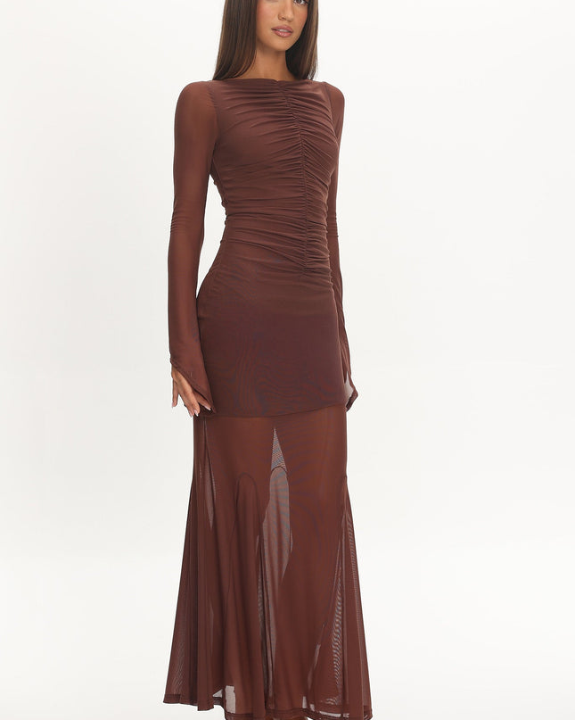 Chocolate Long Sleeve Mesh Maxi Dress