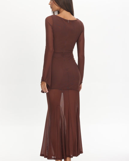 Chocolate Long Sleeve Mesh Maxi Dress