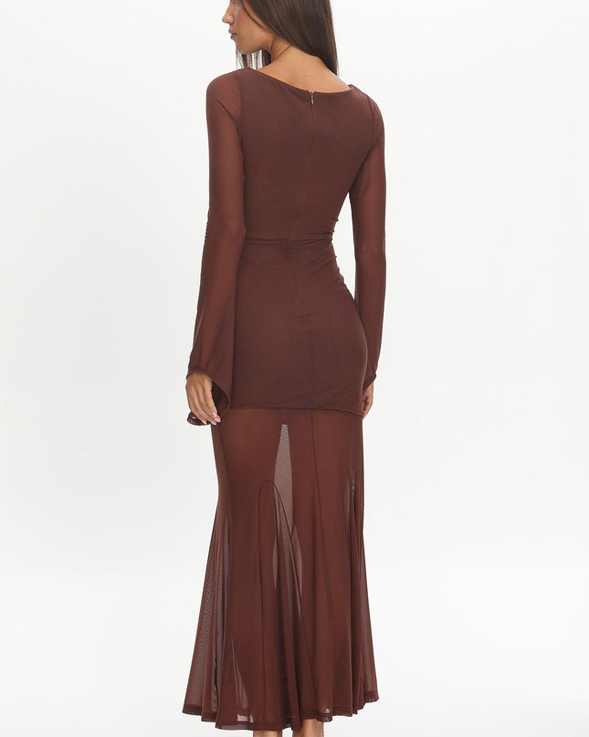 Chocolate Long Sleeve Mesh Maxi Dress