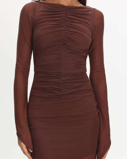 Chocolate Long Sleeve Mesh Maxi Dress