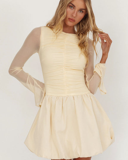 Cream Long Sleeve Bubble Hem Mini Dress