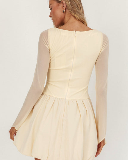 Cream Long Sleeve Bubble Hem Mini Dress