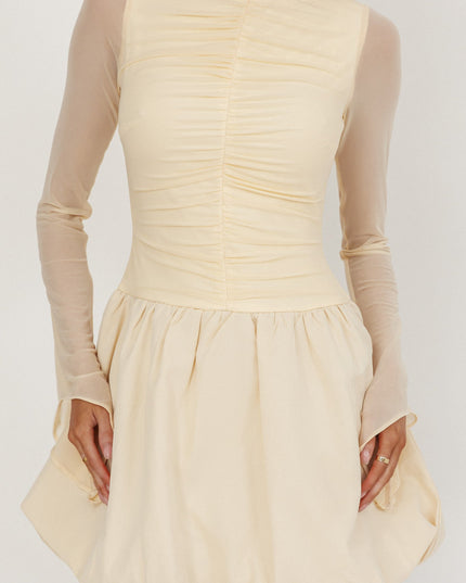 Cream Long Sleeve Bubble Hem Mini Dress