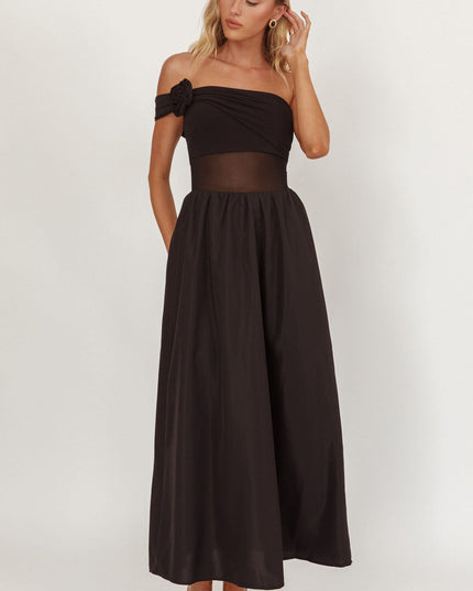 Black One Sleeve Sheer Waist Midi Dress