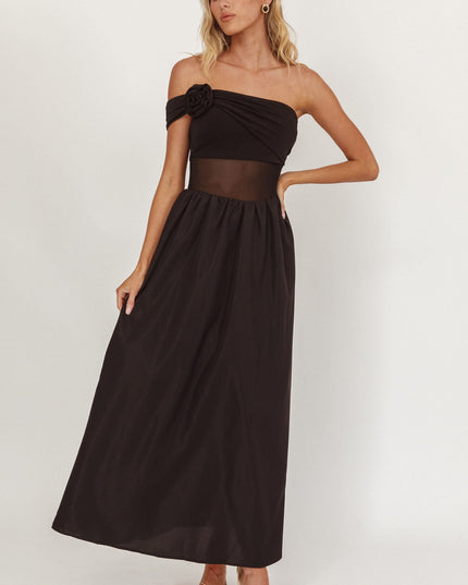 Black One Sleeve Sheer Waist Midi Dress