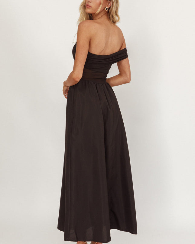 Black One Sleeve Sheer Waist Midi Dress