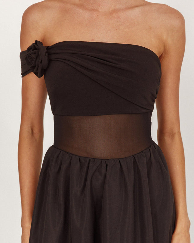 Black One Sleeve Sheer Waist Midi Dress
