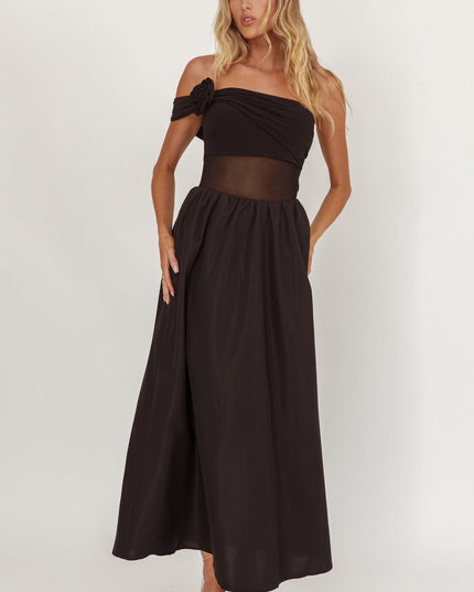 Black One Sleeve Sheer Waist Midi Dress