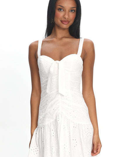 White Tied Bust Ruched Mini Dress Eyelet