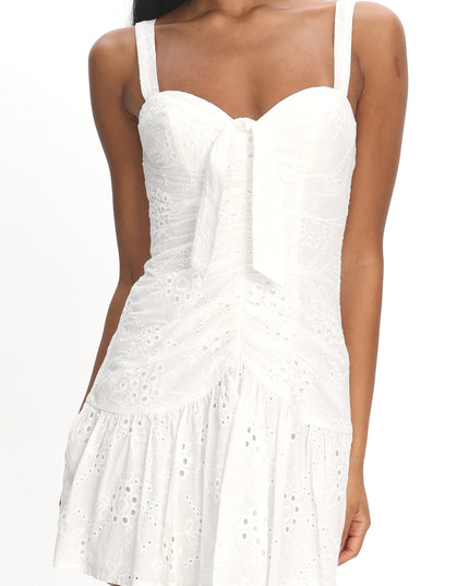 White Tied Bust Ruched Mini Dress Eyelet