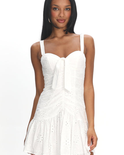 White Tied Bust Ruched Mini Dress Eyelet