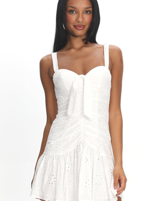 White Tied Bust Ruched Mini Dress Eyelet