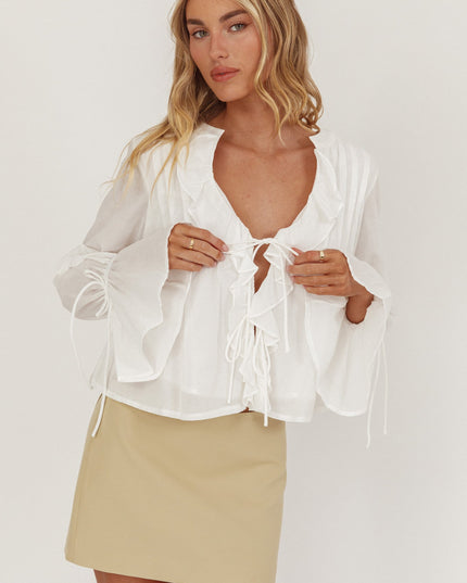 White Tie Front Frill Blouse