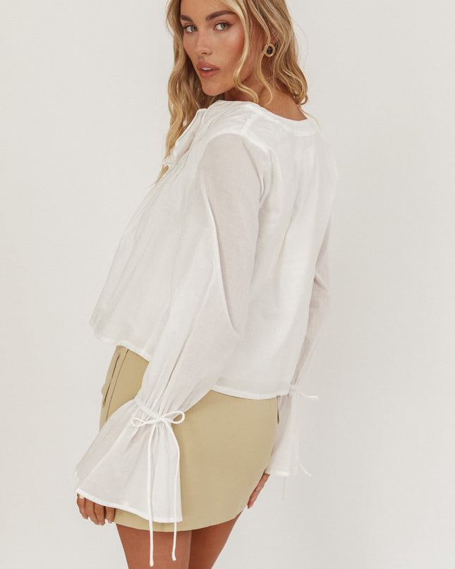 White Tie Front Frill Blouse
