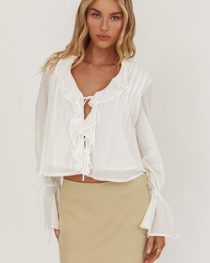 White Tie Front Frill Blouse
