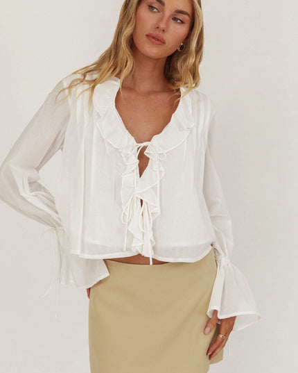 White Tie Front Frill Blouse