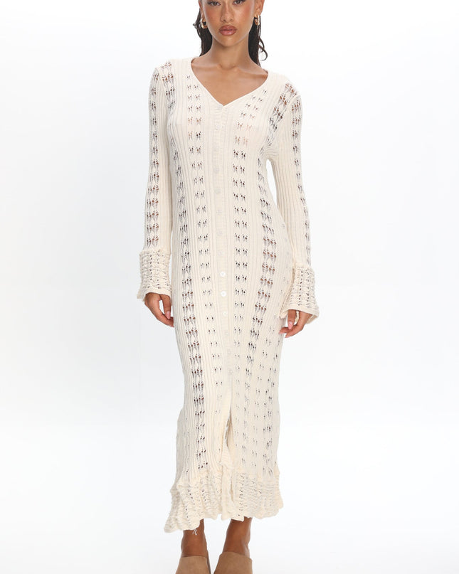 Cream Long Sleeve Knit Maxi Dress