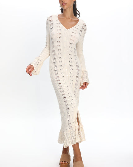 Cream Long Sleeve Knit Maxi Dress