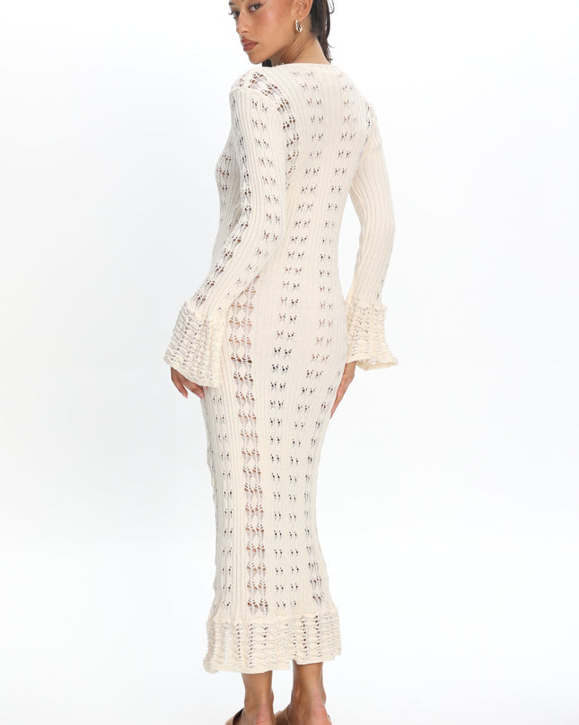 Cream Long Sleeve Knit Maxi Dress