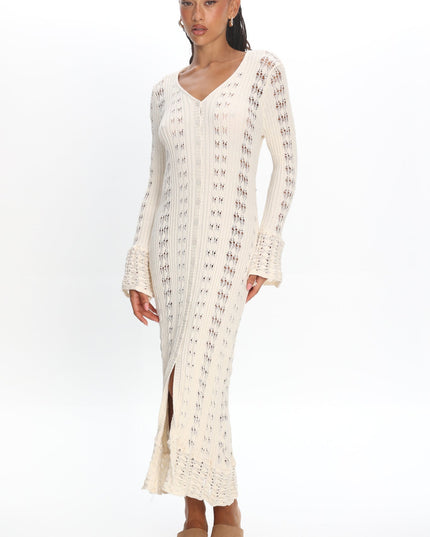 Cream Long Sleeve Knit Maxi Dress
