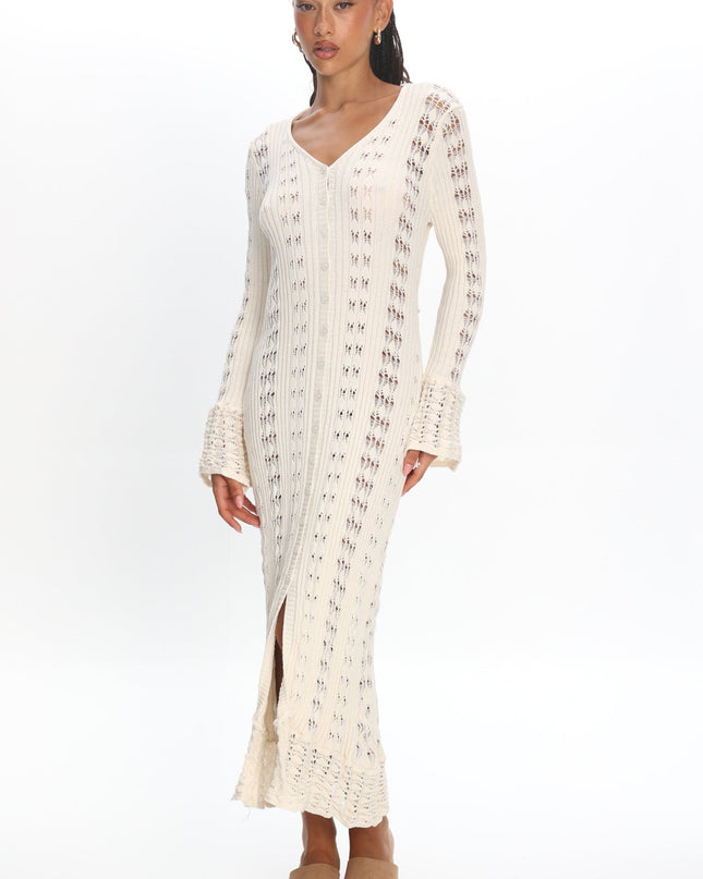 Cream Long Sleeve Knit Maxi Dress