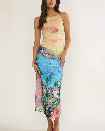 Print Girl Tied Back Maxi Dress Euro