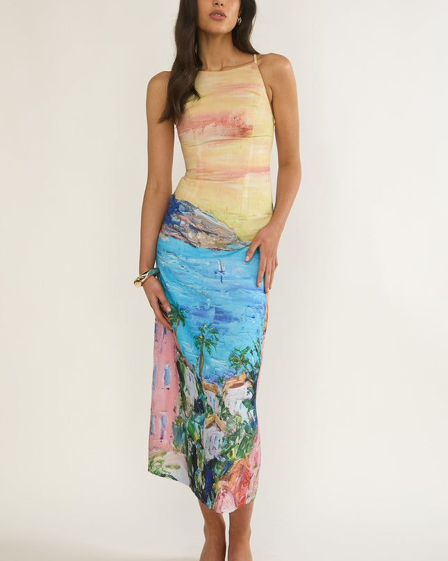 Print Girl Tied Back Maxi Dress Euro