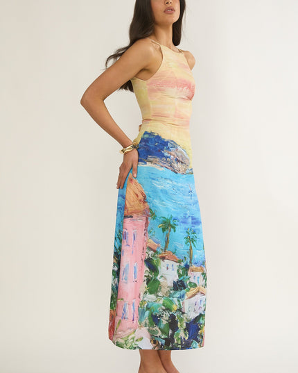 Print Girl Tied Back Maxi Dress Euro