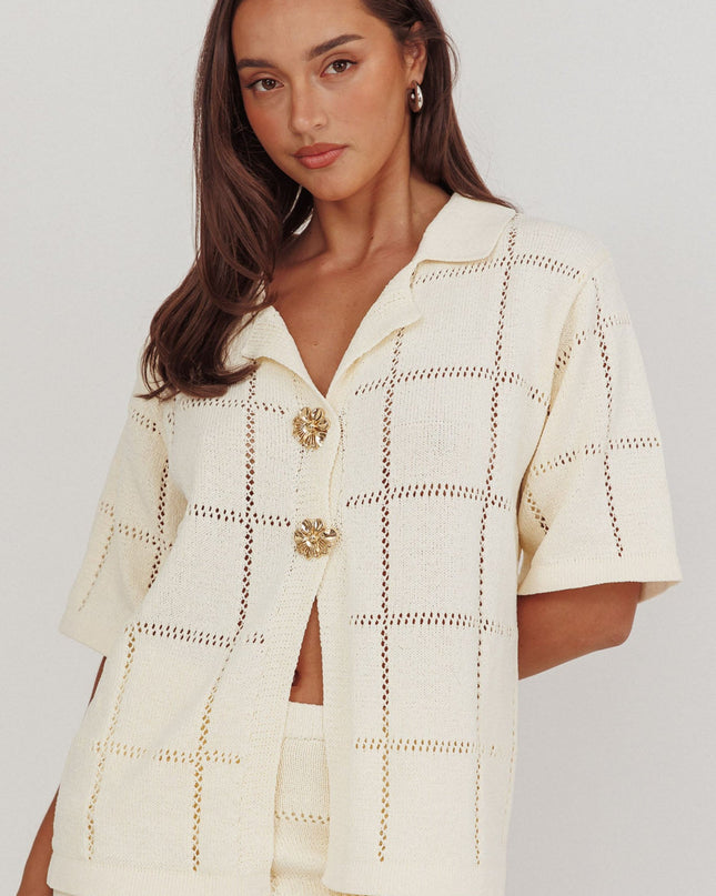 Cream Knit Gold Button Top