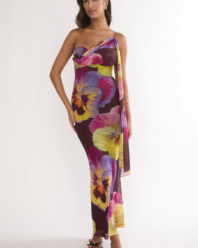 Brown One-Shoulder Asymmetric Neckline Dress