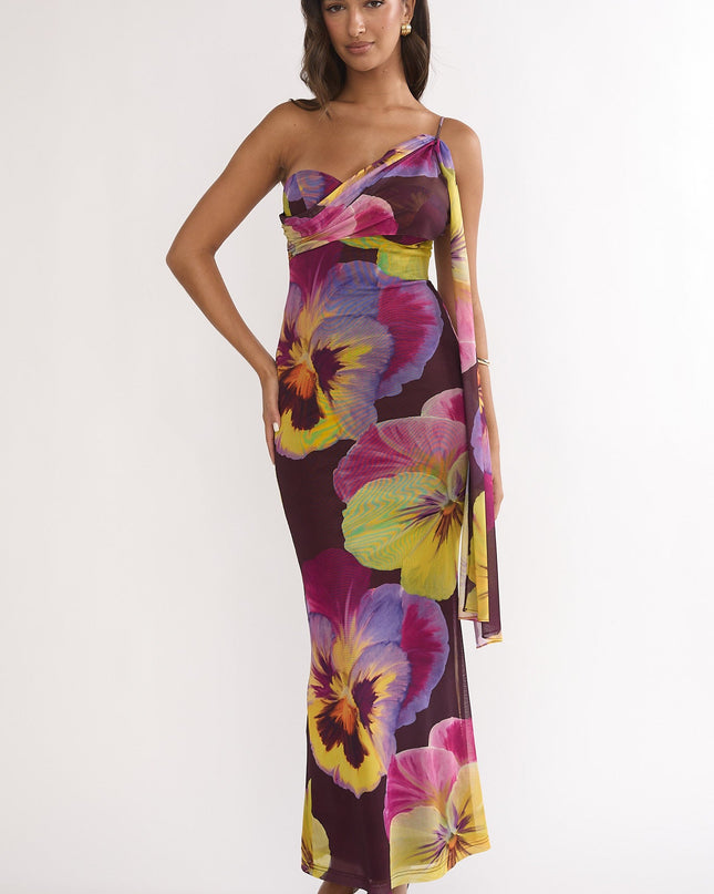 Brown One-Shoulder Asymmetric Neckline Dress