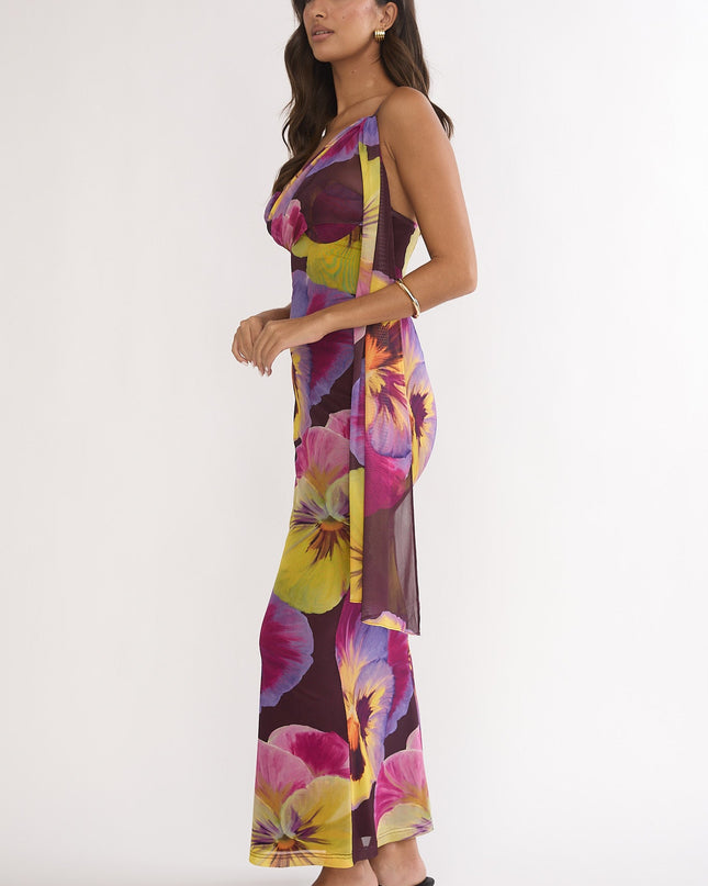 Brown One-Shoulder Asymmetric Neckline Dress