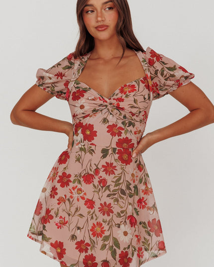 Beige Twist Bust Mini Dress Floral